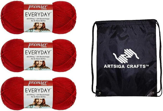 Premier Yarns Everyday Anti-Pilling Solid Really Red DN100-7 (3-Skeins - Same Dye Lot) #4 Worsted Weight Acrylic Yarn for Crocheting and Knitting with Project Bag