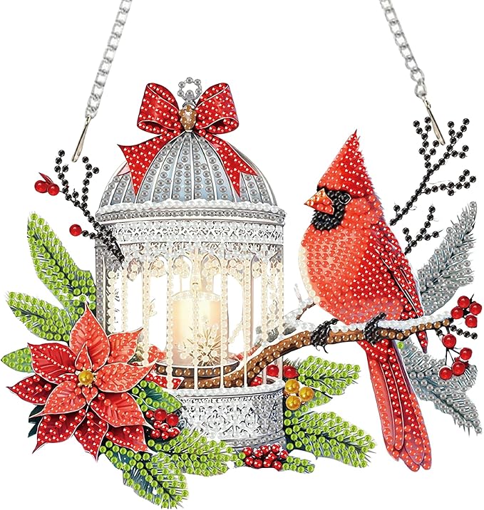 Auremi Christmas Diamond Art Pendant Kits,5D Cardinal Diamond Art Diamond Painting Hanging Kits,DIY Special Shaped Diamonds Painting Suncatcher Pendant Kit for Adults for Gift Wall Home Decor