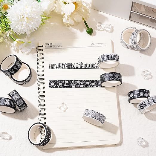 Black White Washi Tape - 12 Rolls Reading Book Library Theme Designs Easy Hand Tear Repositionable Residue Free for Gift Wrapping Scrapbooking Literary Projects Study Planner Decoration
