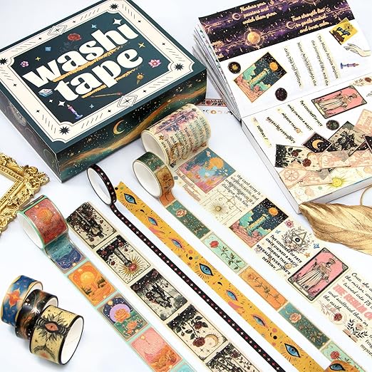 Gold Foil Washi Tape Set – 23 Rolls Tarot Washi Stickers Vintage Decorative Tapes for Journaling Supplies, Scrapbooking, DIY Crafts, Junk Journal, Craft Supplies(Celestial Symbols/ Starry/ Magic)