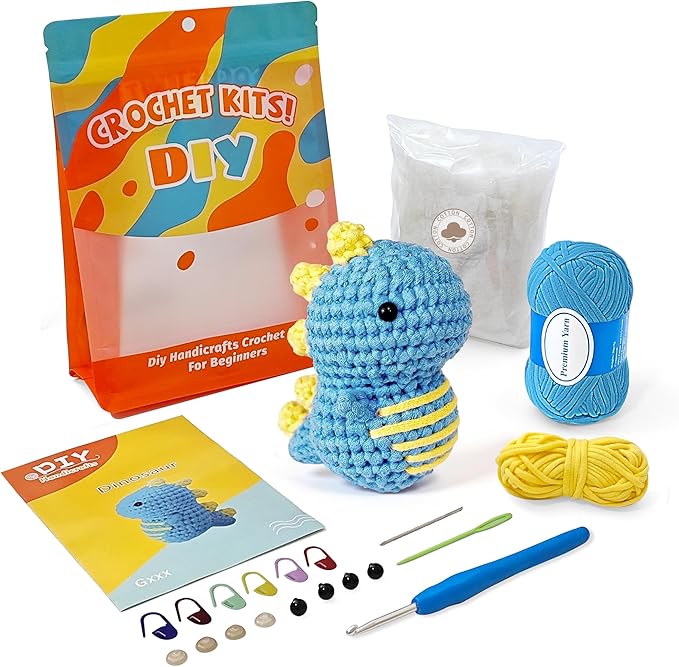 Kovarela Beginners Crochet Kit with Simple Crochet Yarn - with Step-by-Step Video Tutorials (Blue Dinosaur)