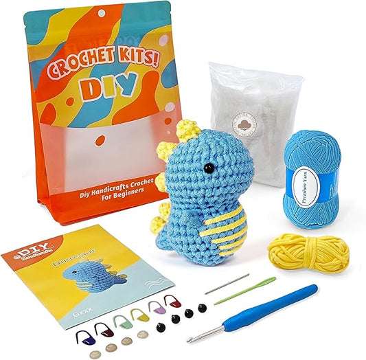 Kovarela Beginners Crochet Kit with Simple Crochet Yarn - with Step-by-Step Video Tutorials (Blue Dinosaur)