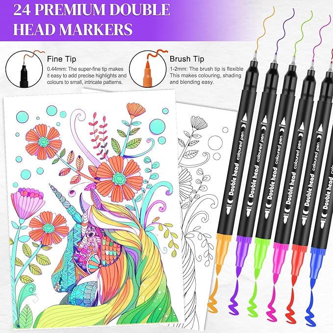Coloring Books for Adults Relaxation, Stress Relief Coloring Book with 24 Dual Tip Markers, 2 Wooden Photo Frame Set with 12 Patterns Include Exquisite & Cute, Arts and Crafts Gift for Women, Couples