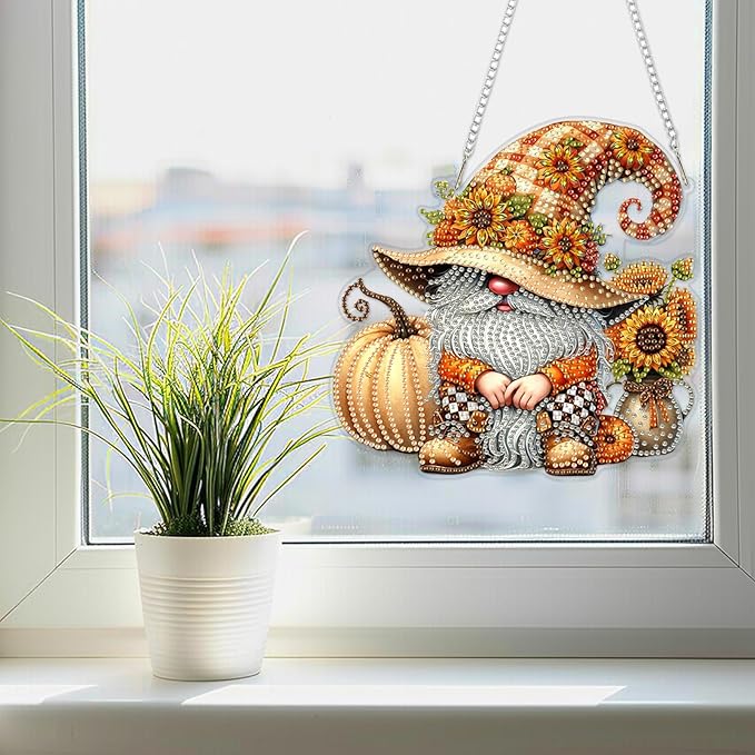 SENQAO Fall Pumpkin Gnome Diamond Art Hanging Kits for Adults Beginners, DIY Acrylic 5D Special Shaped Crystal Diamond Gem Art Painting Hanging Ornament for Home Wall Decor and Gift