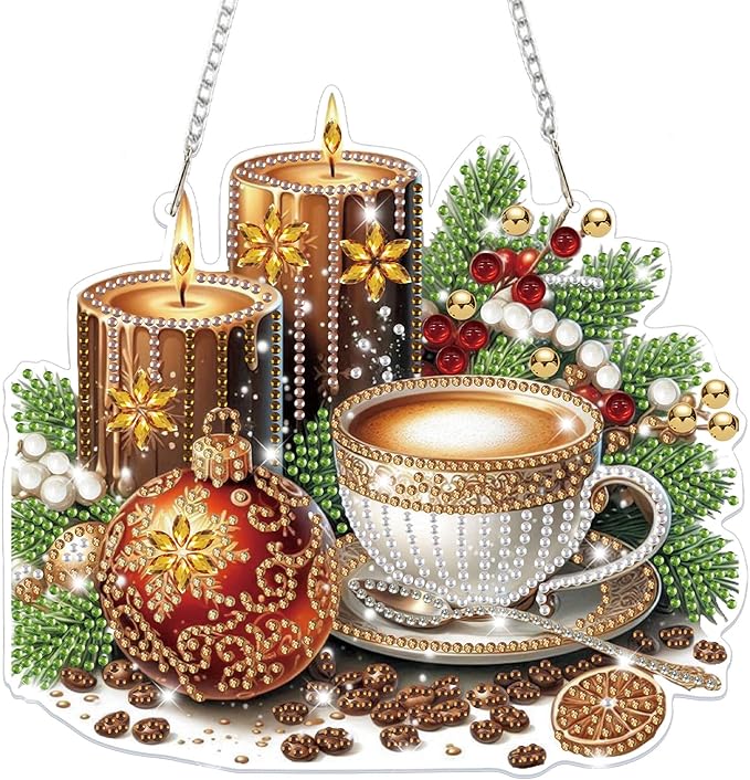 Bowetile Christmas Diamond Art Hanging Kits for Adults, Candle Diamond Art Suncatchers, 5D Special Shape Diamond Painting Coffee Pendant Window Ornament Christmas Gifts for Home Door Wall Decor