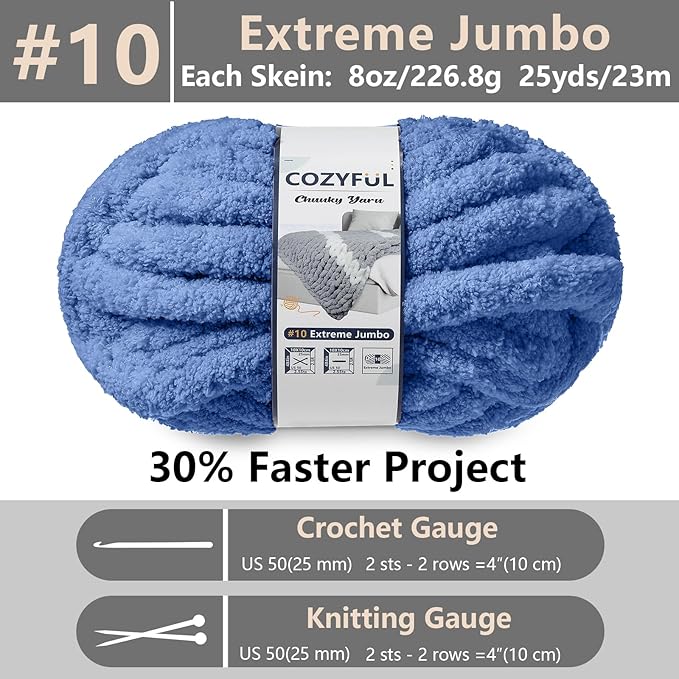 Chunky Yarn for Hand Knitting - #10 Chunky Chenille Yarn, Jumbo Big Thick Chunky Yarns for Crocheting, Super Bulky Chunky Knit Blanket Yarns, 8 Skein (25 yds 8 oz Each Skein), Country Blue