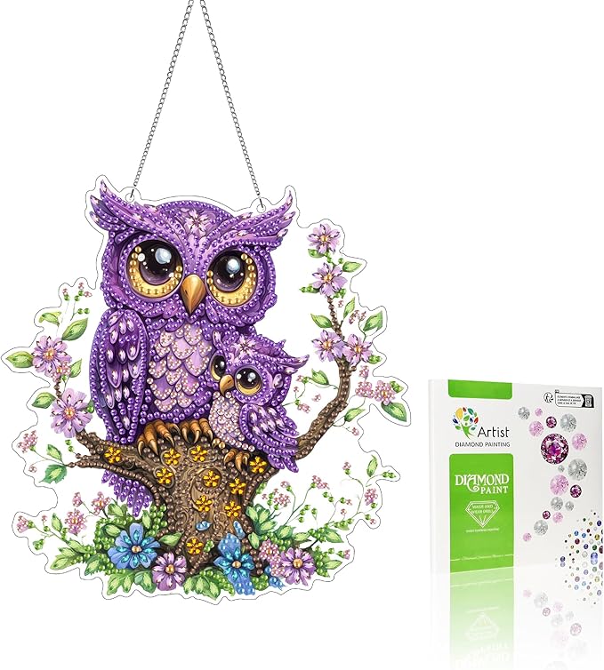 VAIIEYO Owl Diamond Art Hanging Ornament, Animal Bird Diamond Painting Suncatchers Window Hanging Kit with Chain, 7.5x7.5 inch Crystal Pendant Art Craft for Gift Home Wall Front Door Decoration