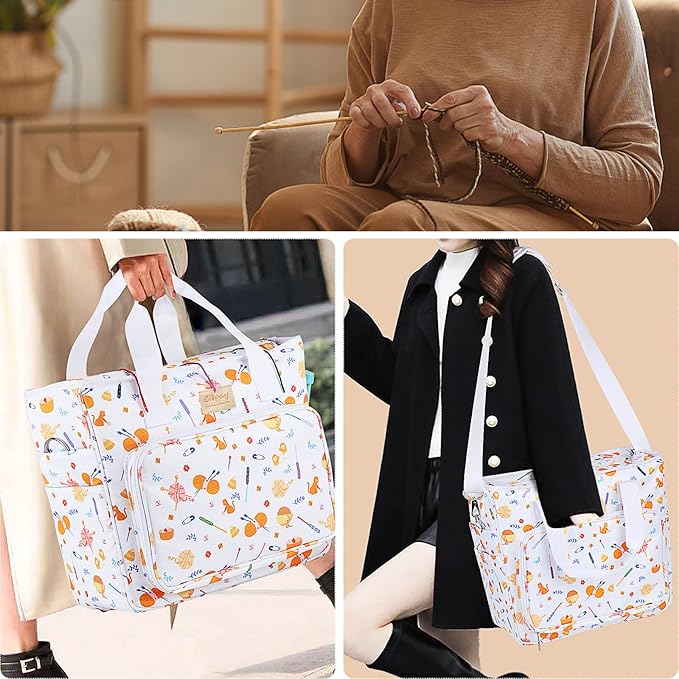 Coopay Large Tote Bag Travel Organizer Lightweight with Shoulder Strap for Crafts and Storage Supplies Crochet Knitting White