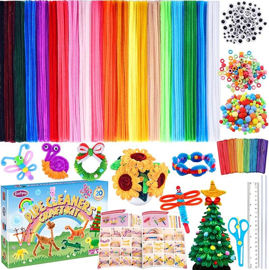 Funtopia 750pcs Pipe Cleaners Arts and Crafts Supplies for Kids, 20 Colors Chenille Stems with Craft Sticks & Pom Poms, DIY School Projects with 20 Simple Patterns Manual for Kids Ages 4 5 6 8 12