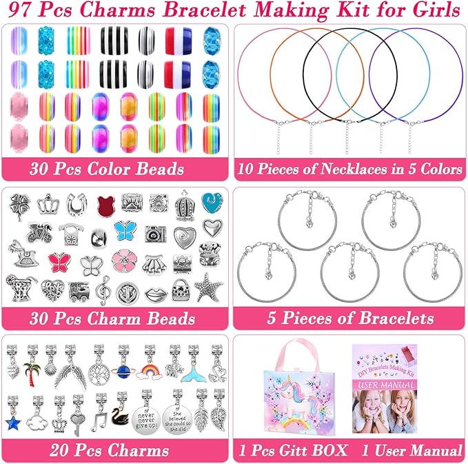 Thrilez DIY Bracelet Making Kit, 97Pcs Charm Bracelets Kit with Beads, Pendant Charms, Bracelets and Necklace String for Bracelets Craft & Necklace Making