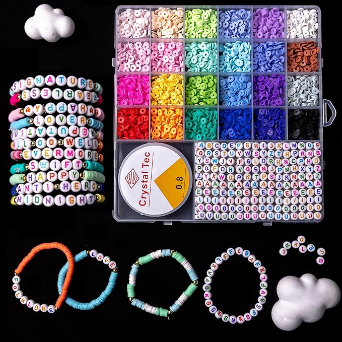 6380 PCS Jewelry Making Kit – 24 Colors Seed Beads, 24 Colors Clay, UV Color Changing & Glow Pony, Letter, Mixed Charms, Tools,Gift Box for DIY Bracelets