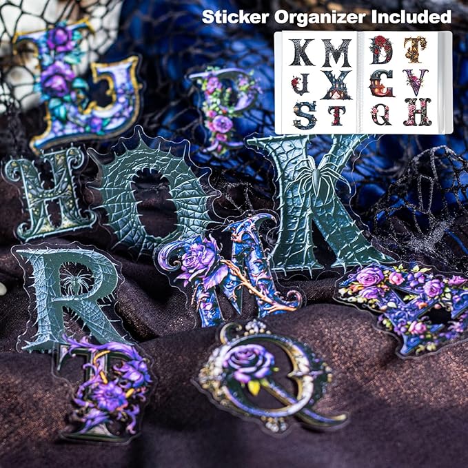 156Pcs Gothic Themed Alphabet PET Stickers, Vintage Floral and Castle Letter Stickers for Scrapbooking, DIY Crafts, and Artistic Journaling, with Organizer