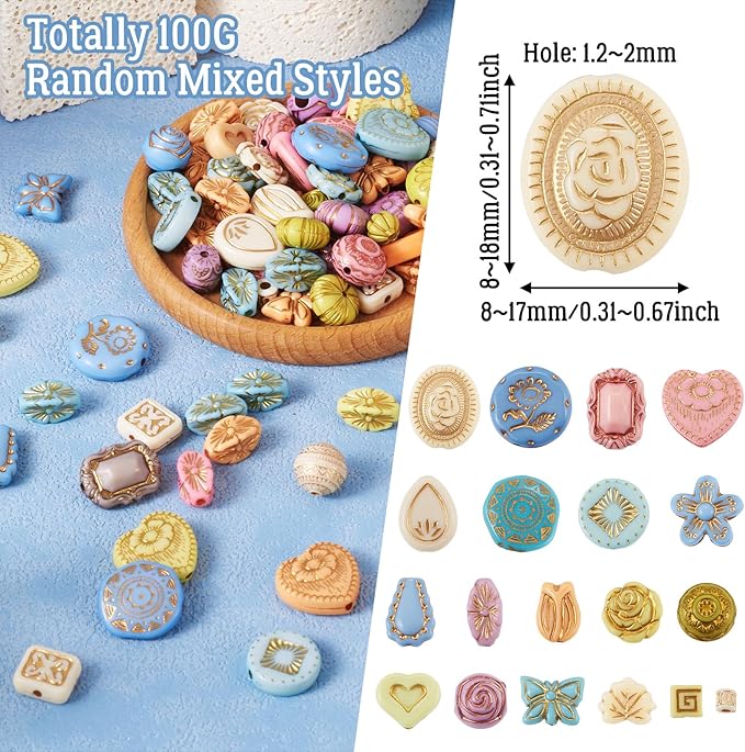 Cheriswelry Assorted Acrylic Beads Vintage Beads Bracelet Making Set Flat Round Flower Butterfly Bead Colorful Metal Enlaced Aesthetic Bead Spacers for Necklace Phone Lanyard Jewelry Making (100G)