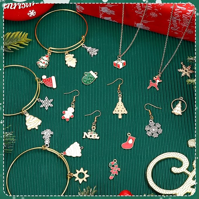 SANNIX 350Pcs Christmas Charms, Xmas Enamel Charms Mixed Bulk Antique Gold Tibetan Silver Jewelry Pendants for Bracelet Necklaces Earrings Making and Holiday Decorations