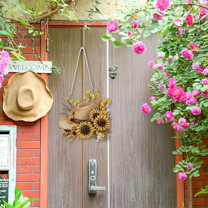 KEYIFA Straw Hat Diamond Painting Kit, DIY Sunflower Diamond Art for Adults, Diamonds Painting Pendant Special Shaped Rhinestone Window Hanging Ornaments Home Garden Wall Door Decoration, 20cm Width