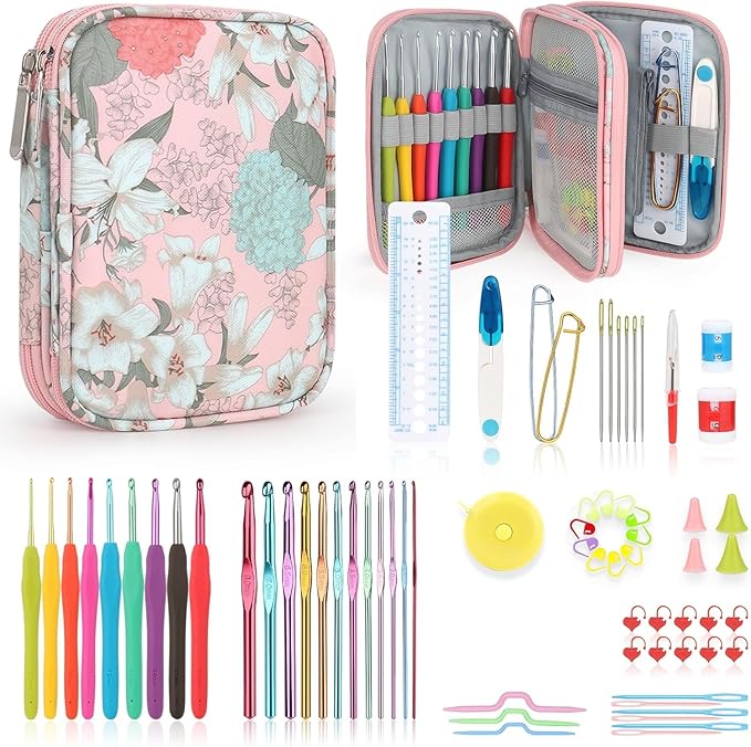 Katech Crochet Hooks Set with Case, 73-Piece Crochet Hooks Kit Knitting Accessories Ergonomic Aluminum Alloy Crochet Hook Colorful Crochet Needles for Making Socks, Gloves, Bag, Hat, Sweaters
