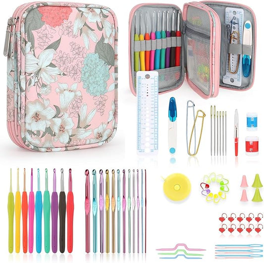 Katech Crochet Hooks Set with Case, 73-Piece Crochet Hooks Kit Knitting Accessories Ergonomic Aluminum Alloy Crochet Hook Colorful Crochet Needles for Making Socks, Gloves, Bag, Hat, Sweaters