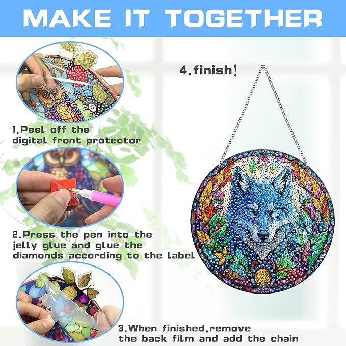 VAIIEYO Wolf Diamond Art Hanging Ornament, Animal Diamond Painting Suncatchers Window Hanging Kit with Chain, 7.5x7.5 inch Crystal Pendant Art Craft for Gift Home Wall Front Door Decoration