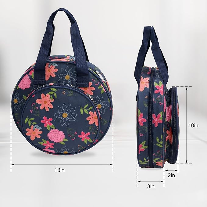 Floral Embroidery Project Bag, 13x13x3 Inch Round Cross Stitch Storage Bag, Portable Embroidery Organizer for Hoops Floss Thread Knitting Tools, Craft Gift for DIY Enthusiasts (Blue)