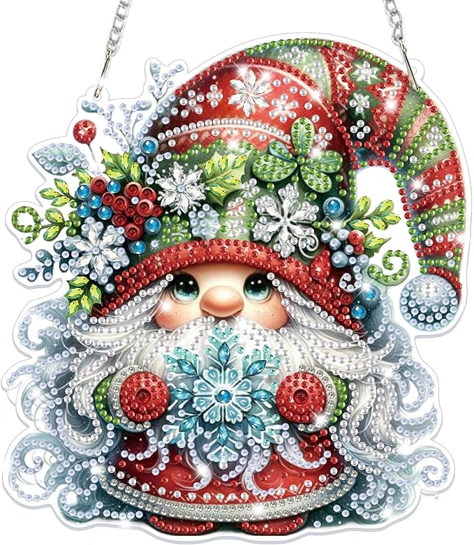 Bowetile Christmas Diamond Art Hanging Kits for Adults, Gnome Diamond Art Suncatchers, 5D Special Shape Diamond Painting Pendant Window Ornament Christmas Gifts for Home Door Wall Decor