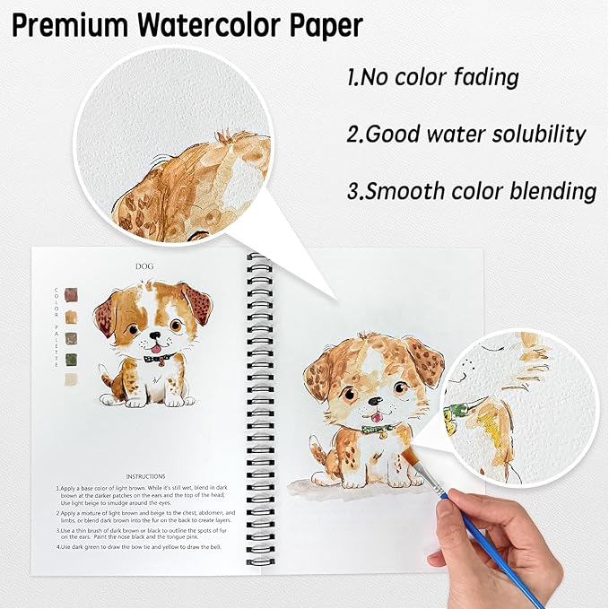 SLWBZ Watercolor Workbook Animals, 15 Different Patterns of Original DIY Designs, 16 Color Watercolor Paint Plates with Palette and Brush, Beginner-Friendly Watercolor Workbooks, Animals