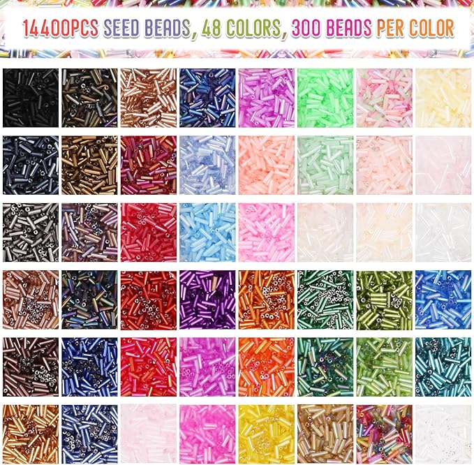EuTengHao 14400pcs Tube Beads Kit, Glass Bugle Seed Beads Small Craft Beads for DIY Crafting Jewelry Making Supplies (7mm, 300 Per Color, 48 Colors)