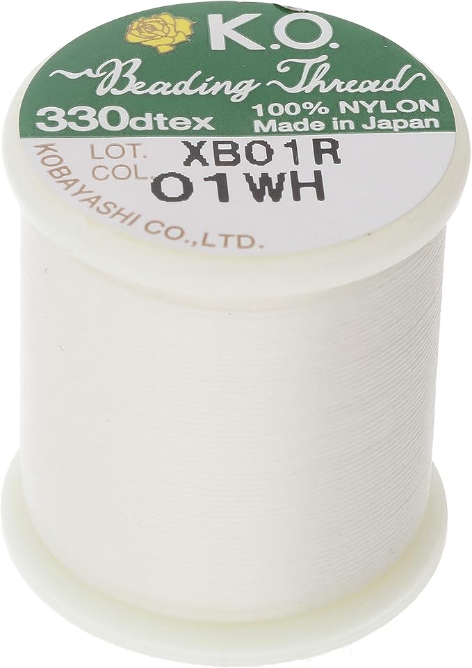KO Nylon Beading Thread, White Color, Japanese Pre-Waxed 100% Nylon, 330TEX, Tangle Resistant Knotting Cords, 50m /55 yds Spool, Use for Seed Bead Projects, Loom Work & Bead Weaving