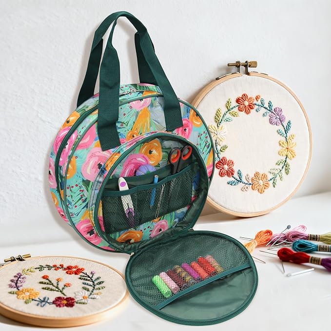 Floral Embroidery Project Bag, 13x13x3 Inch Round Cross Stitch Storage Bag, Portable Embroidery Organizer for Hoops Floss Thread Knitting Tools, Craft Gift for DIY Enthusiasts (Green)