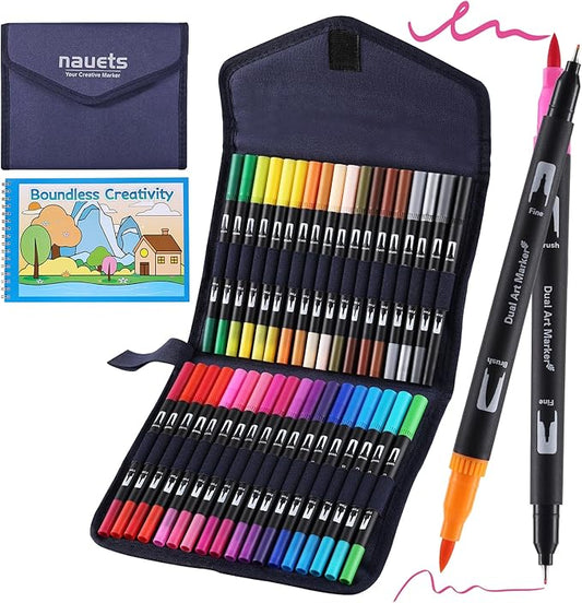 36 Colors Watercolor Markers with Coloring Book Set Brush & Fine Dual Tip No Bleeding Professional Paint Pens For Drawing Note taking Planner Calligraphy Journaling Card Making Art Supplies