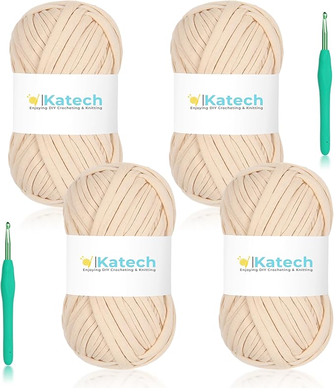 Katech 400g T-Shirt Yarn for Crocheting, 130yds Elastic Fabric Crochet Spaghetti Yarn for Hand DIY Bag & Basket Cushion Crocheting Projects, Home Decor (Light-Kahki)