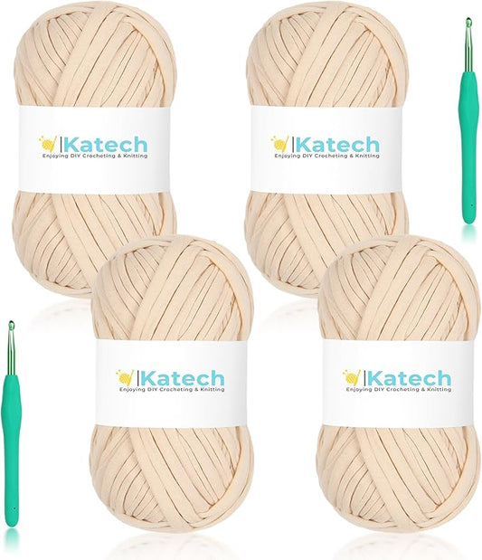 Katech 400g T-Shirt Yarn for Crocheting, 130yds Elastic Fabric Crochet Spaghetti Yarn for Hand DIY Bag & Basket Cushion Crocheting Projects, Home Decor (Light-Kahki)