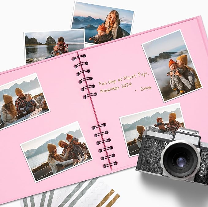 8x8 inch Scrapbook Photo Album DIY Picture Book 40 Pages, Thick Kraft Paper Scrap Book Album with Silk Ribbon Wedding Guest Book Memory Book for Baby, Family, Travel (Pink)