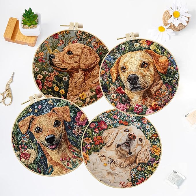 LB 4 Pack Cute Dog Flower Embroidery Kit for Beginners Funny Animal Beginner Embroidery Kit for Adults DIY Starter Kit with Embroidery Hoop Colorful Threads Tools Step by Step Instructions