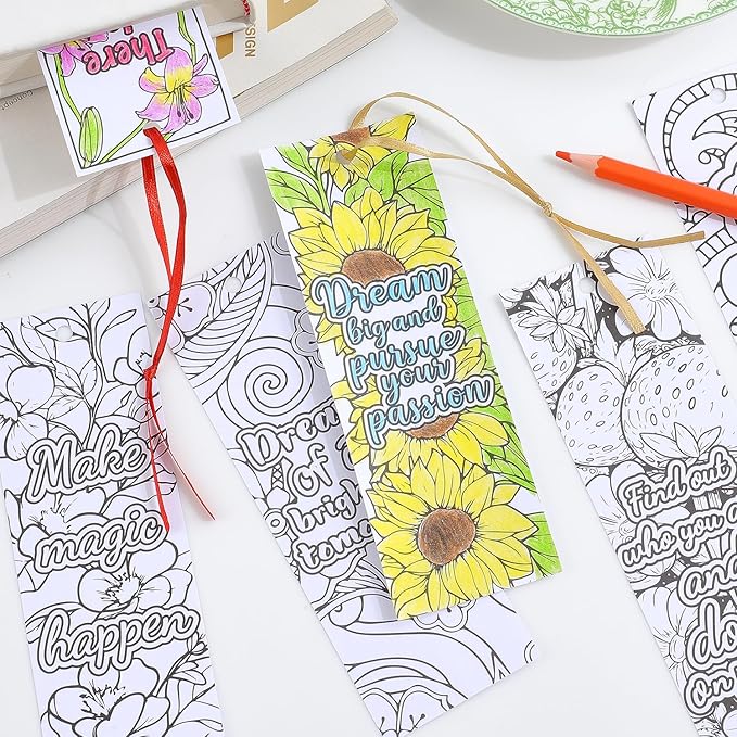 60 PCS Inspirational Quotes Coloring Bookmarks, DIY Coloring Book Markers Motivational Reading Page Holder for Students, Color Your Own Bookmark for Class Gifts, Kids, Adults, Teachers, Book Lovers