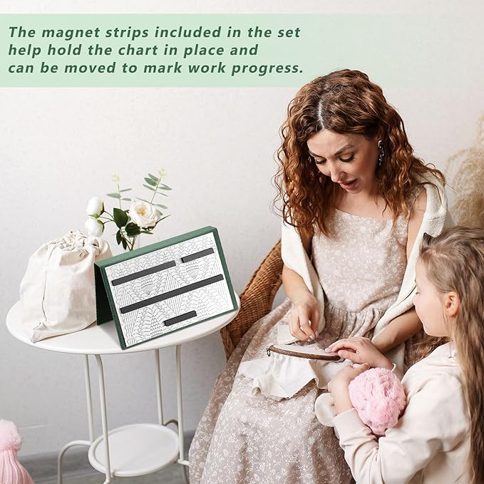 Flutesan 1 Pcs Green Knitting Pattern Holder, Fold up Cross Stitch Knitting Chart Keeper with 4 Pcs Replacement Magnets, Cross Stitch Accessories Supplies, Unfolded Size 13.2 x 9 Inch