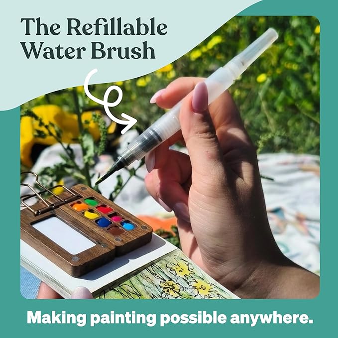 Original Tobios Mini Wooden Watercolor Paint Set – Compact Travel Art Kit with 12 Colors, Refillable Brush & Sketchbook – Unique Creative Gift for Birthdays, Holidays & Art Lovers