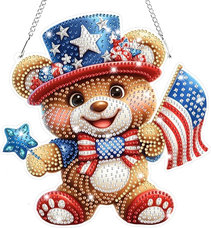Bowetile Independence Day Bear 5D Diamond Art Hanging Kits for Adults, 4th of July Diamond Painting USA Window Pendant Kits, Special Shape Gem Art Suncatcher Ornament for Home Garden Wall Decor