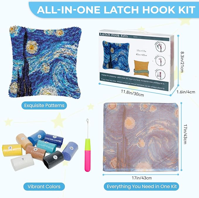 EsLuker.ly DIY Latch Hook Pillow Kits Starry Sky Patterns Pre-Printed Canvas Pillow Making Set, Beginner Cushion Cover Latch Hook Kit, Creative Craft for Family Fun Home Decor