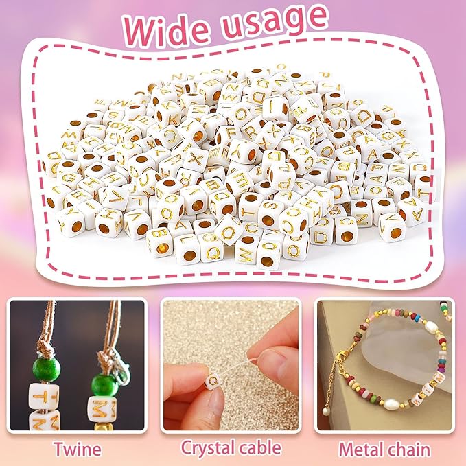 Augshy 1400pcs Square Acrylic Gold Alphabet Beads A-Z Cube Letters Beads for Bracelets Necklaces Phone Lanyard Making with 1 Roll Crystal String Cord for Jewelry Making(6 mm)