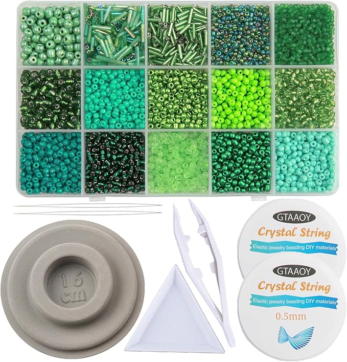 GTAAOY Mix 15 Color Glass Seed Beads, Glass Bugle Beads Tube Beads for Adults, Bracelet Bead Boards, Tweezers,Elastic Sting for Jewelry Making(Mix Size,Green)