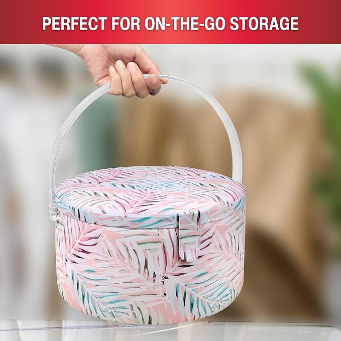 SINGER Premium Round Large Sewing Basket with Matching Zipper Pouch and Emergency Sewing Kit | 30% More Storage Volume (Pastel Palm Leaf)
