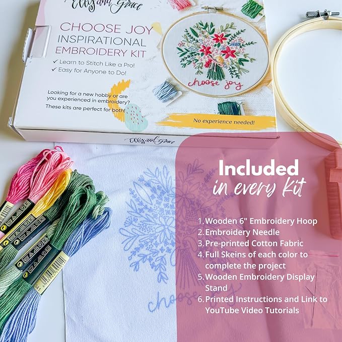 elly & grace christian embroidery kit with embroidery hoop, easy embroidery kit for beginners and adults, full embroidery hoop kit with needles and thread included (choose joy)