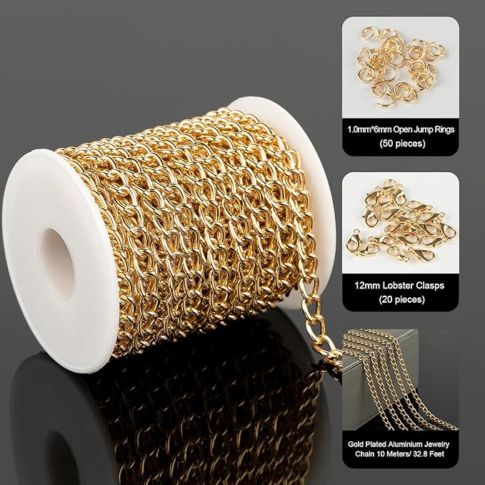 YOUBEIYEE 33 Feet Aluminum Chain for Jewelry Making, Gold Plated Cable Link Chains Bulk Handmade Decoration Craft Chain Roll