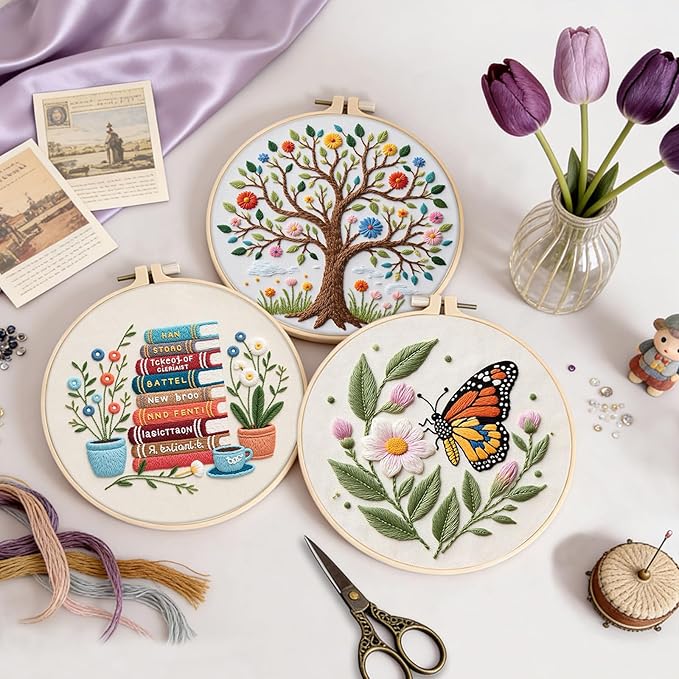 3 Sets Embroidery Kit for Beginners with Stitch Video, Flower Butterfly Tree Books Cross Stitch Kits for Adults, Needle Point Kits with Stamped Pattern, Hoop, Needles, Tools, DIY Arts and Crafts