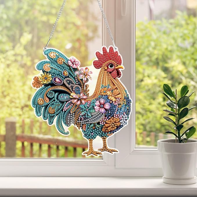 HEIBAGO Chicken Hanging Diamond Art Kits for Adults, Rooster Special Shaped Crystal Diamond Painting Ornament Kit, DIY Double-Sided Pattern Window Pendant Gem Art Kit for Home Wall Decor 8.3x8.3inch