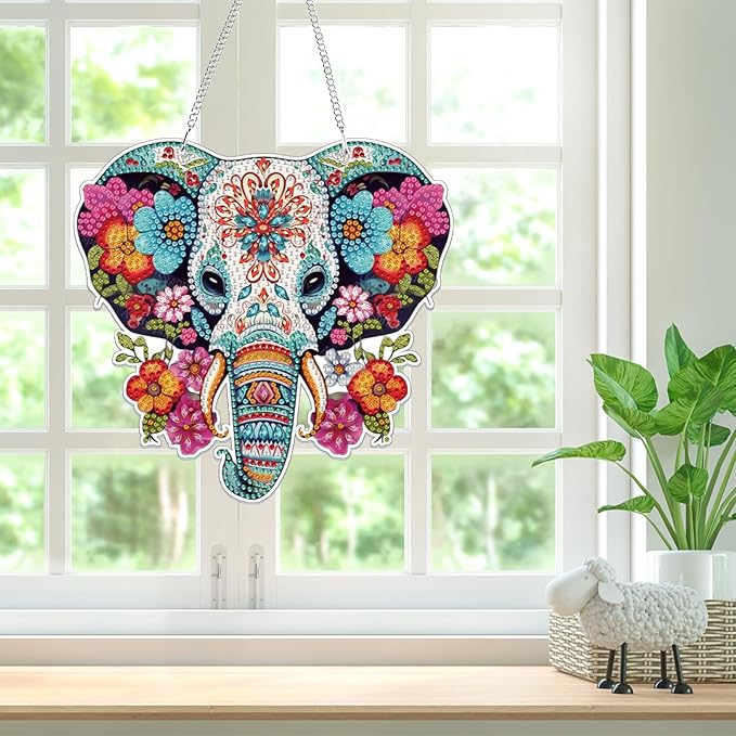 Bowetile Elephant Diamond Art Hanging Kits for Adults, 5D Special Shape Diamond Painting Flowers Pendant Kits, Animal Gem Art Suncatchers Painting Ornament for Home Garden Wall Decor