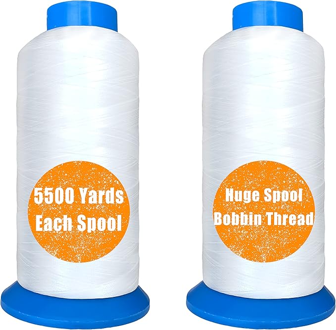HimaPro Set of 2 Huge White Spools Bobbin Thread for Embroidery Machine and Sewing Machine - 5500 Yards (5000 Meters) Each - 100% Polyester - White & White