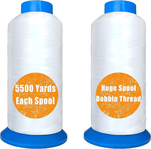 HimaPro Set of 2 Huge White Spools Bobbin Thread for Embroidery Machine and Sewing Machine - 5500 Yards (5000 Meters) Each - 100% Polyester - White & White