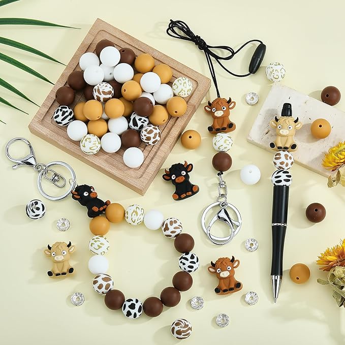 46 Pcs 15mm Silicone Round Beads Bulk for Keychain Bracelets Making and Other Handmade Crafts (Cow)