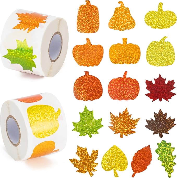 beyumi falll pumpkin leaves sticker - 1000pcs fall laser pumpkin maple leaves stickers in 2 rolls holographic sparkly glitter autumn thanksgiving adhesive decal gift party envelope decor for kids